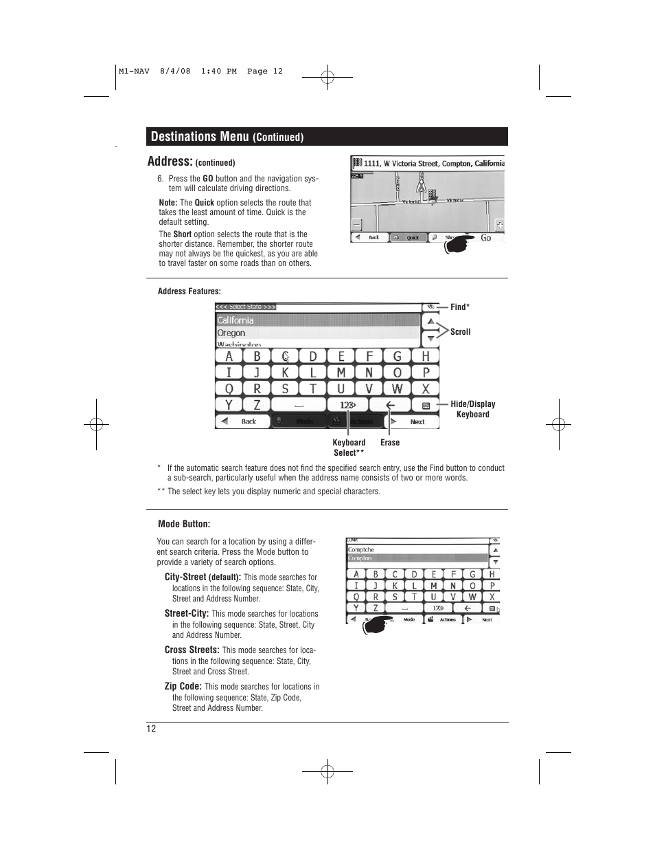 Destinations menu, Address | Magnadyne M1-NAV User Manual | Page 12 / 36