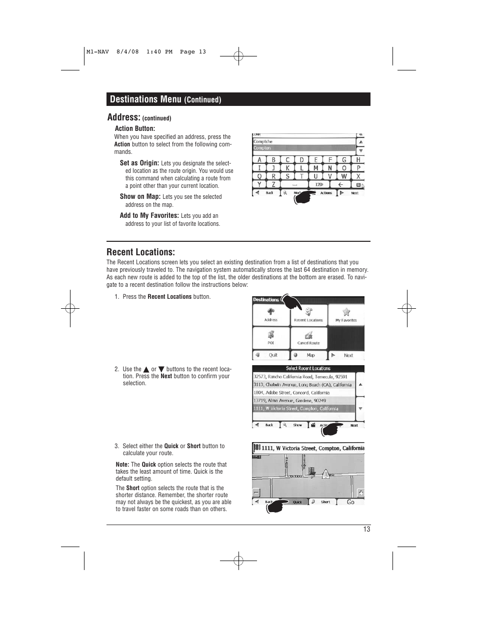 Destinations menu, Recent locations, Address | Magnadyne M1-NAV User Manual | Page 13 / 36