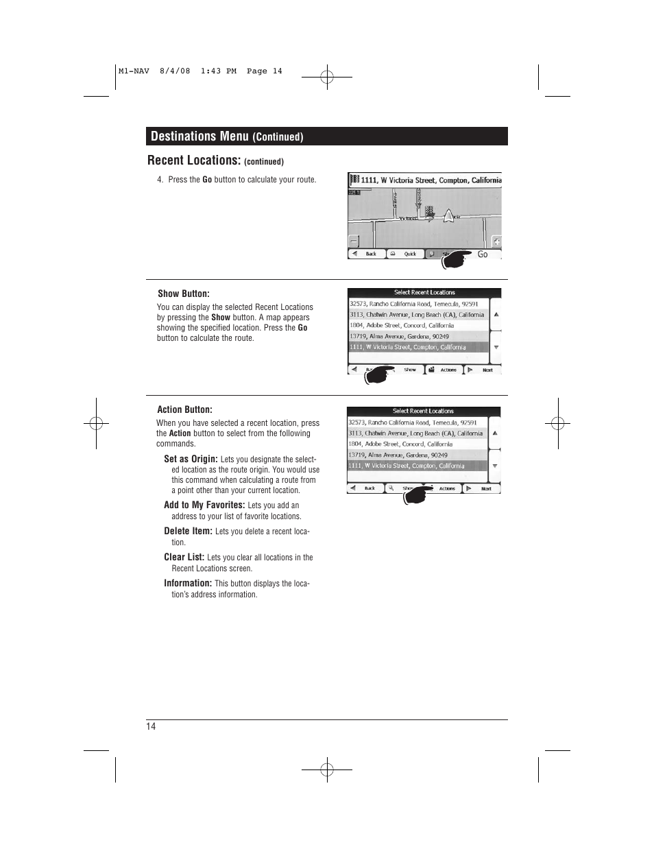 Destinations menu, Recent locations | Magnadyne M1-NAV User Manual | Page 14 / 36