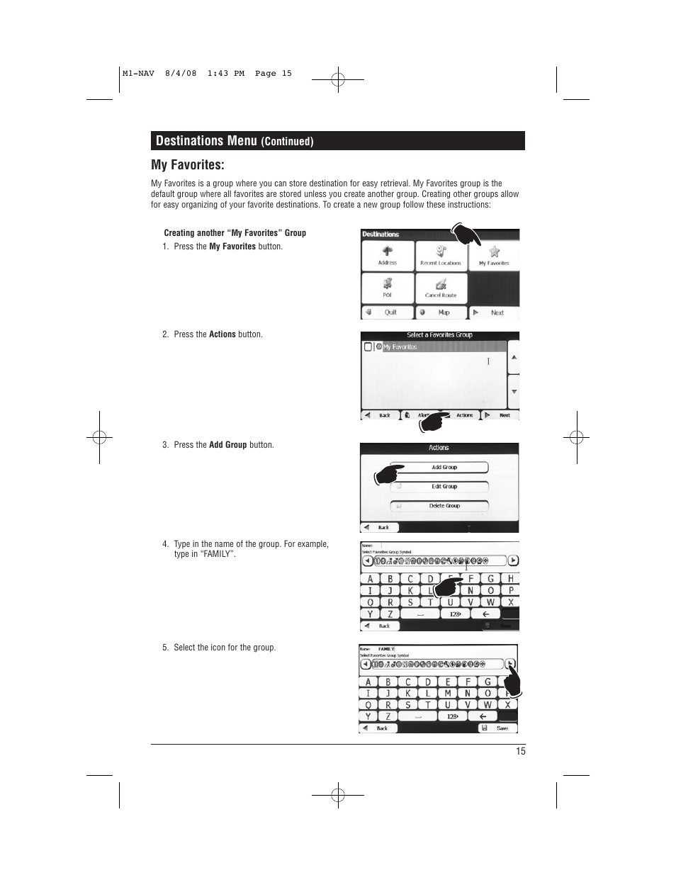 Destinations menu, My favorites | Magnadyne M1-NAV User Manual | Page 15 / 36