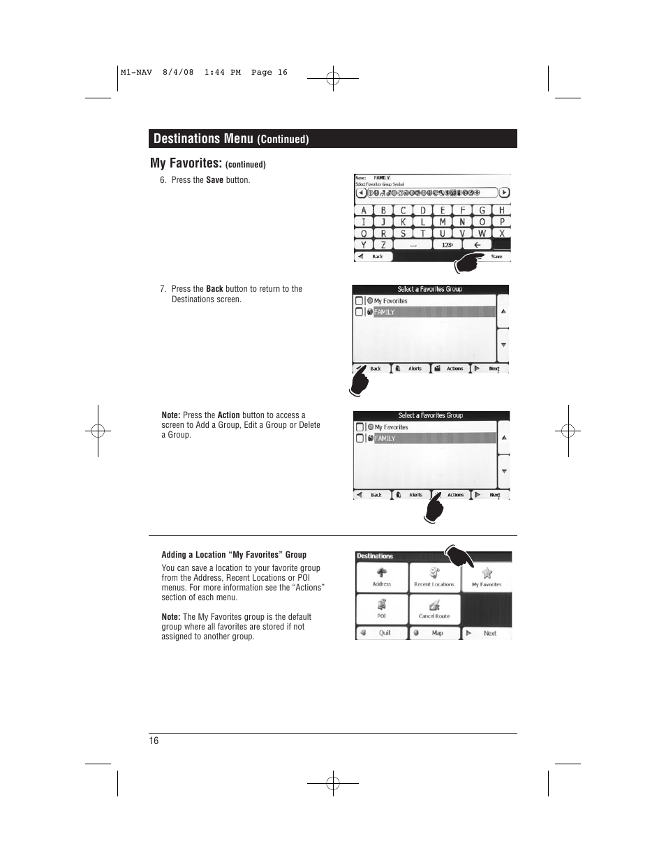 My favorites, Destinations menu | Magnadyne M1-NAV User Manual | Page 16 / 36