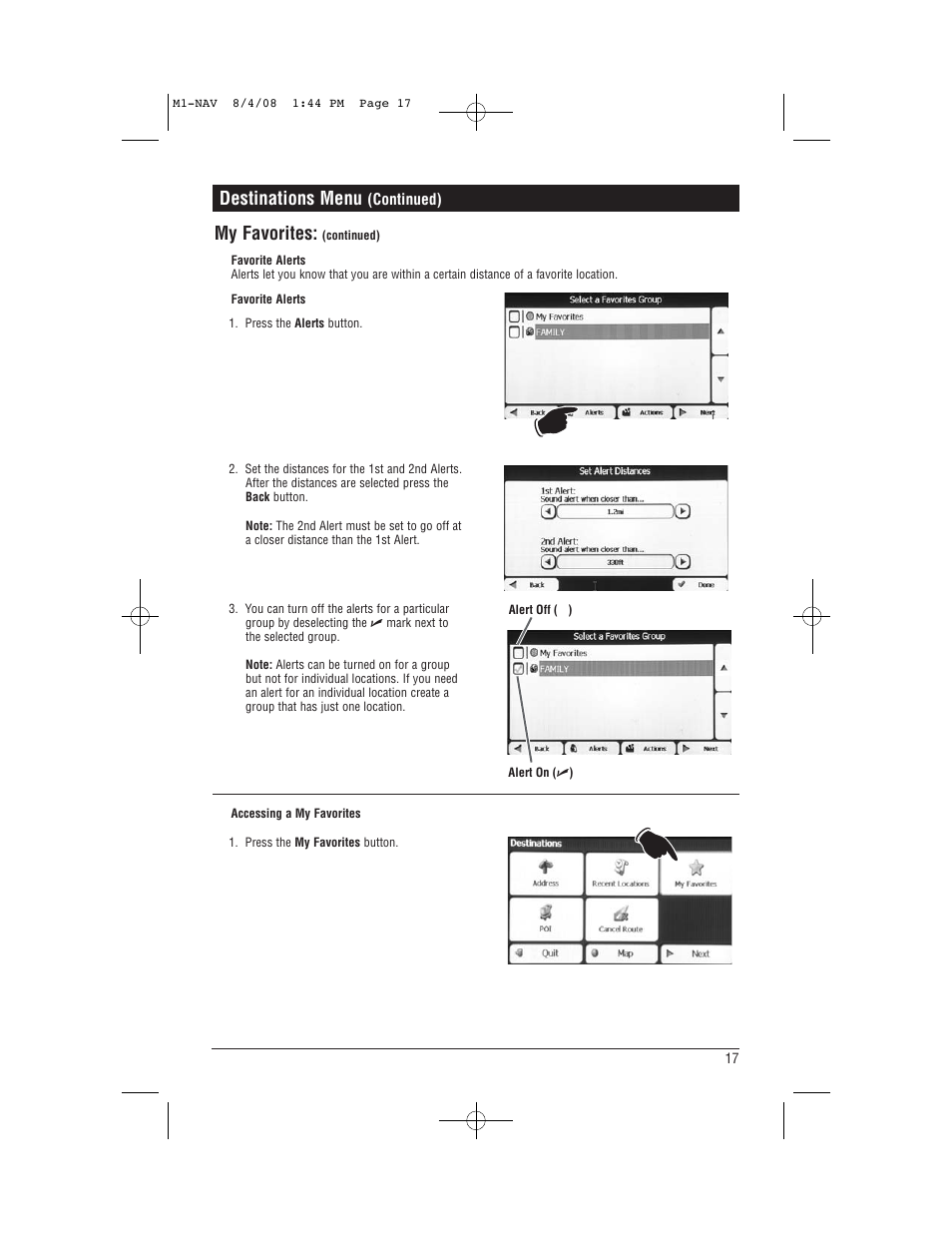 My favorites, Destinations menu | Magnadyne M1-NAV User Manual | Page 17 / 36