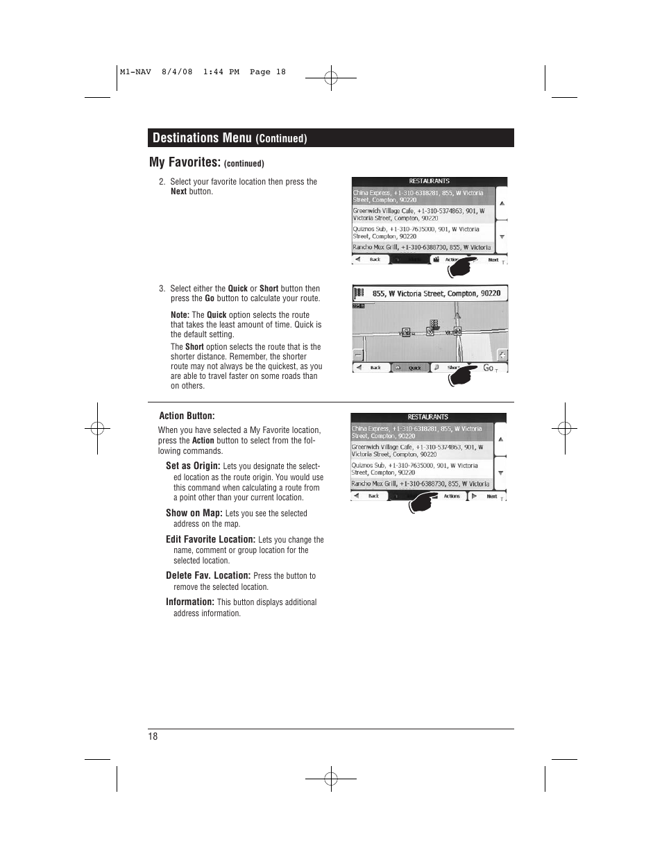 My favorites, Destinations menu | Magnadyne M1-NAV User Manual | Page 18 / 36