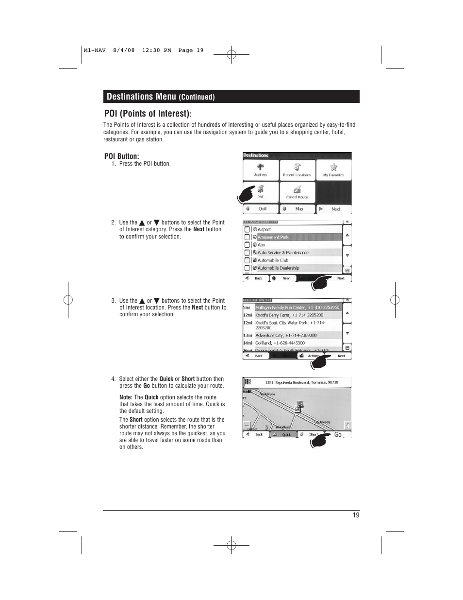 Poi (points of interest), Destinations menu | Magnadyne M1-NAV User Manual | Page 19 / 36