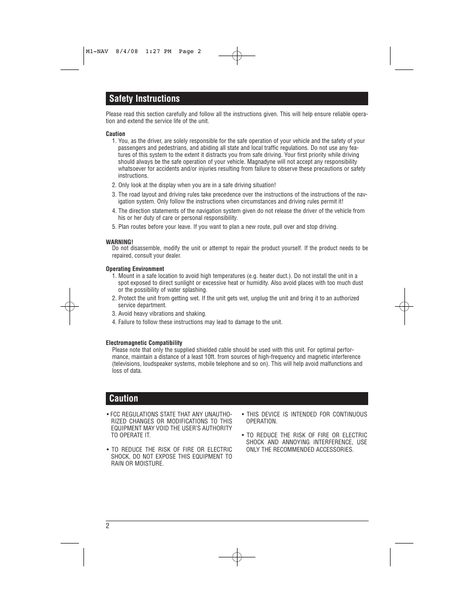 Safety instructions, Caution | Magnadyne M1-NAV User Manual | Page 2 / 36