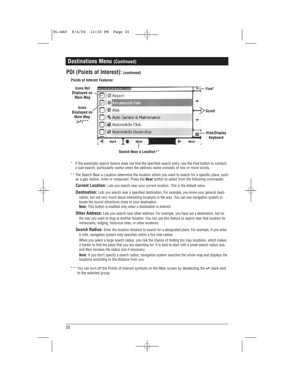 Poi (points of interest), Destinations menu | Magnadyne M1-NAV User Manual | Page 20 / 36