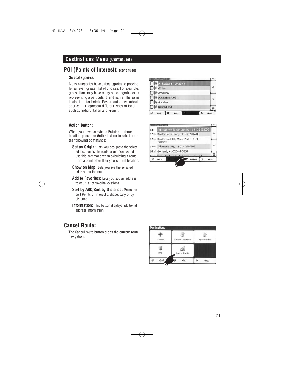 Destinations menu, Poi (points of interest), Cancel route | Magnadyne M1-NAV User Manual | Page 21 / 36