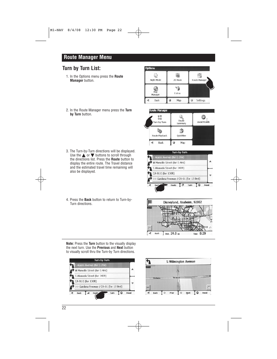 Route manager menu turn by turn list | Magnadyne M1-NAV User Manual | Page 22 / 36