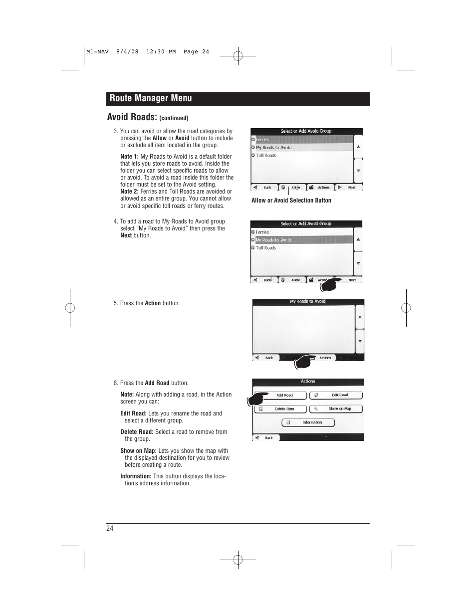 Route manager menu avoid roads | Magnadyne M1-NAV User Manual | Page 24 / 36