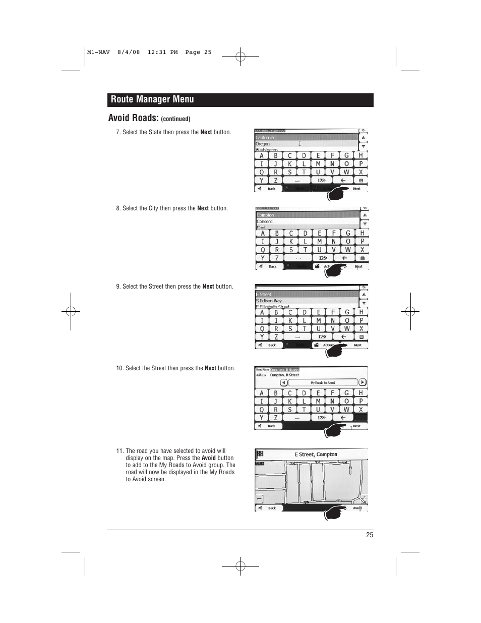 Route manager menu avoid roads | Magnadyne M1-NAV User Manual | Page 25 / 36