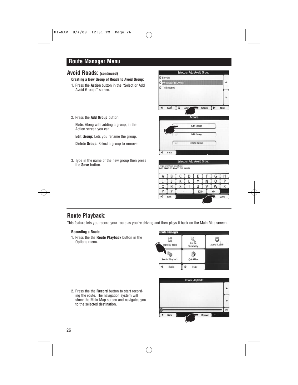 Route manager menu avoid roads, Route playback | Magnadyne M1-NAV User Manual | Page 26 / 36