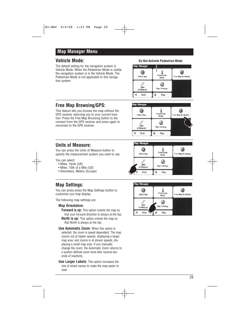 Map manager menu vehicle mode, Free map browsing/gps, Units of measure | Map settings | Magnadyne M1-NAV User Manual | Page 29 / 36