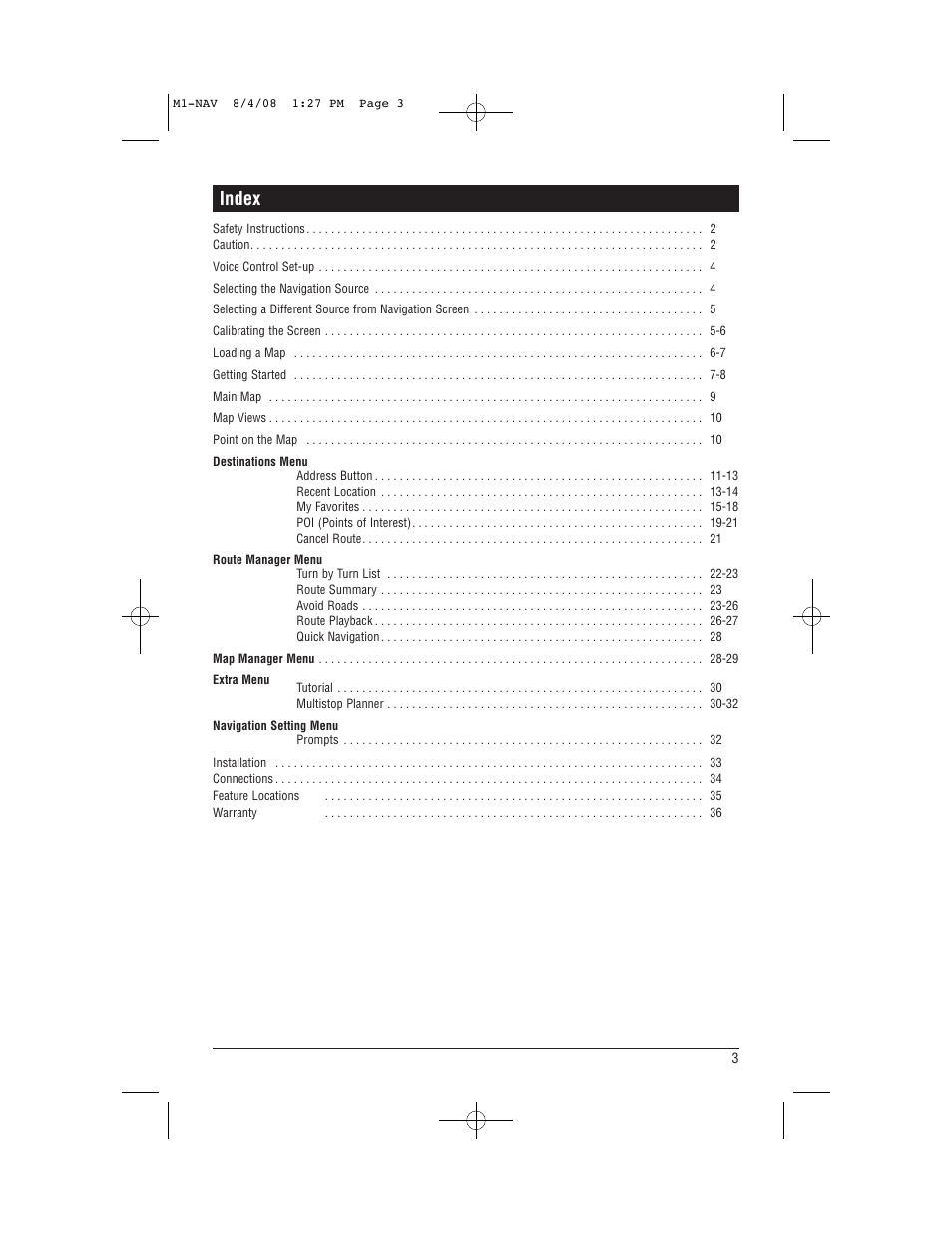 Index | Magnadyne M1-NAV User Manual | Page 3 / 36