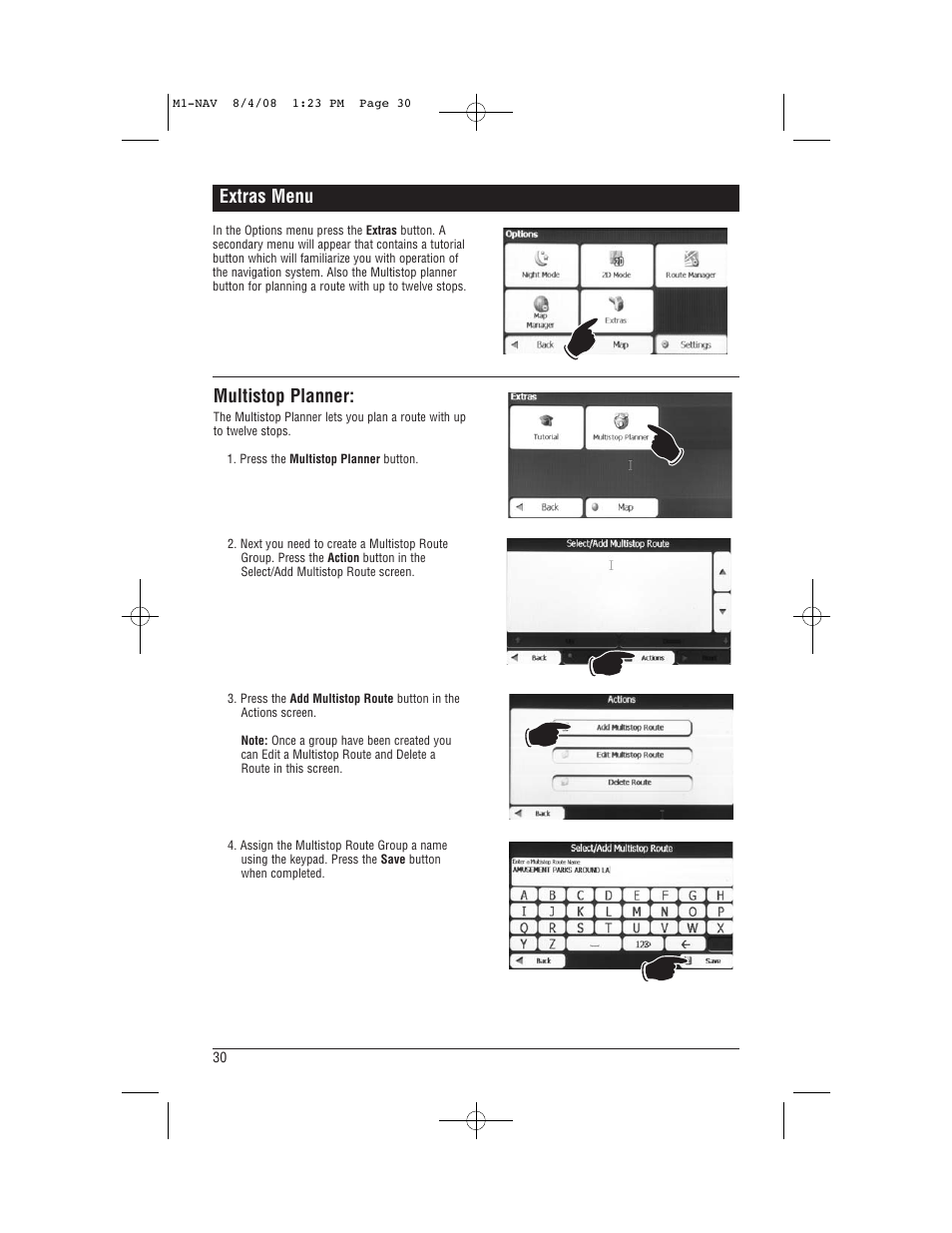 Extras menu, Multistop planner | Magnadyne M1-NAV User Manual | Page 30 / 36