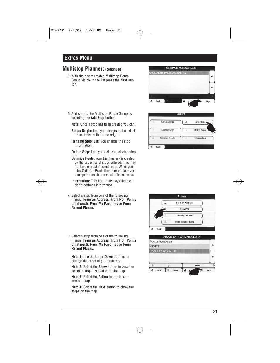 Extras menu multistop planner | Magnadyne M1-NAV User Manual | Page 31 / 36