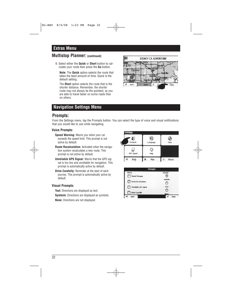 Extras menu multistop planner, Navigation settings menu prompts | Magnadyne M1-NAV User Manual | Page 32 / 36