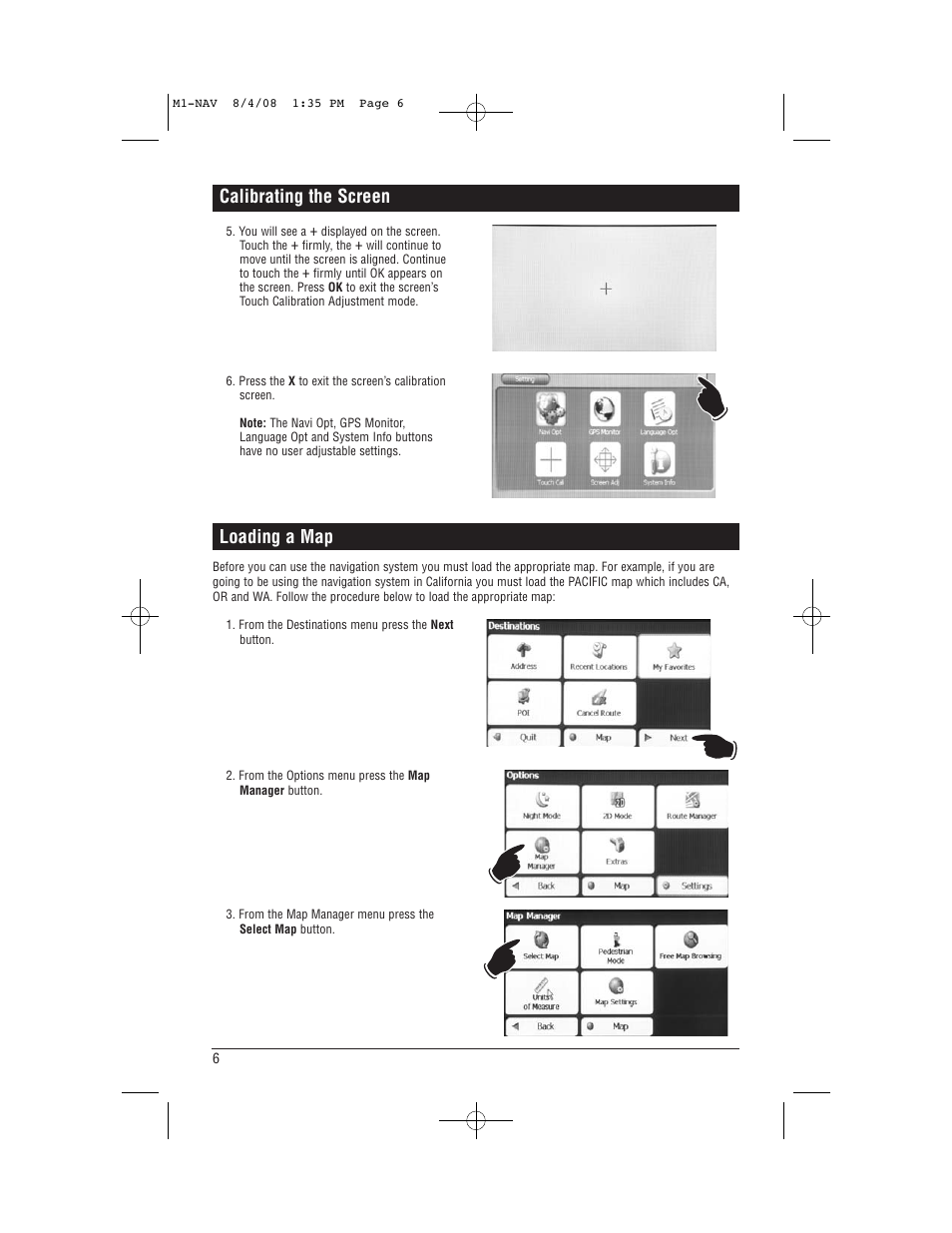 Loading a map, Calibrating the screen | Magnadyne M1-NAV User Manual | Page 6 / 36