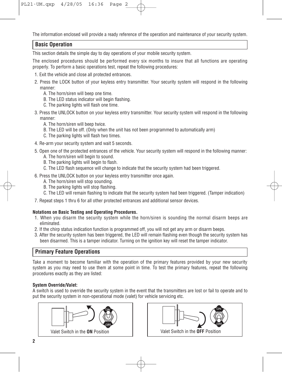 Basic operation, Primary feature operations | Magnadyne Remote Mobile Security System PL21 User Manual | Page 2 / 4