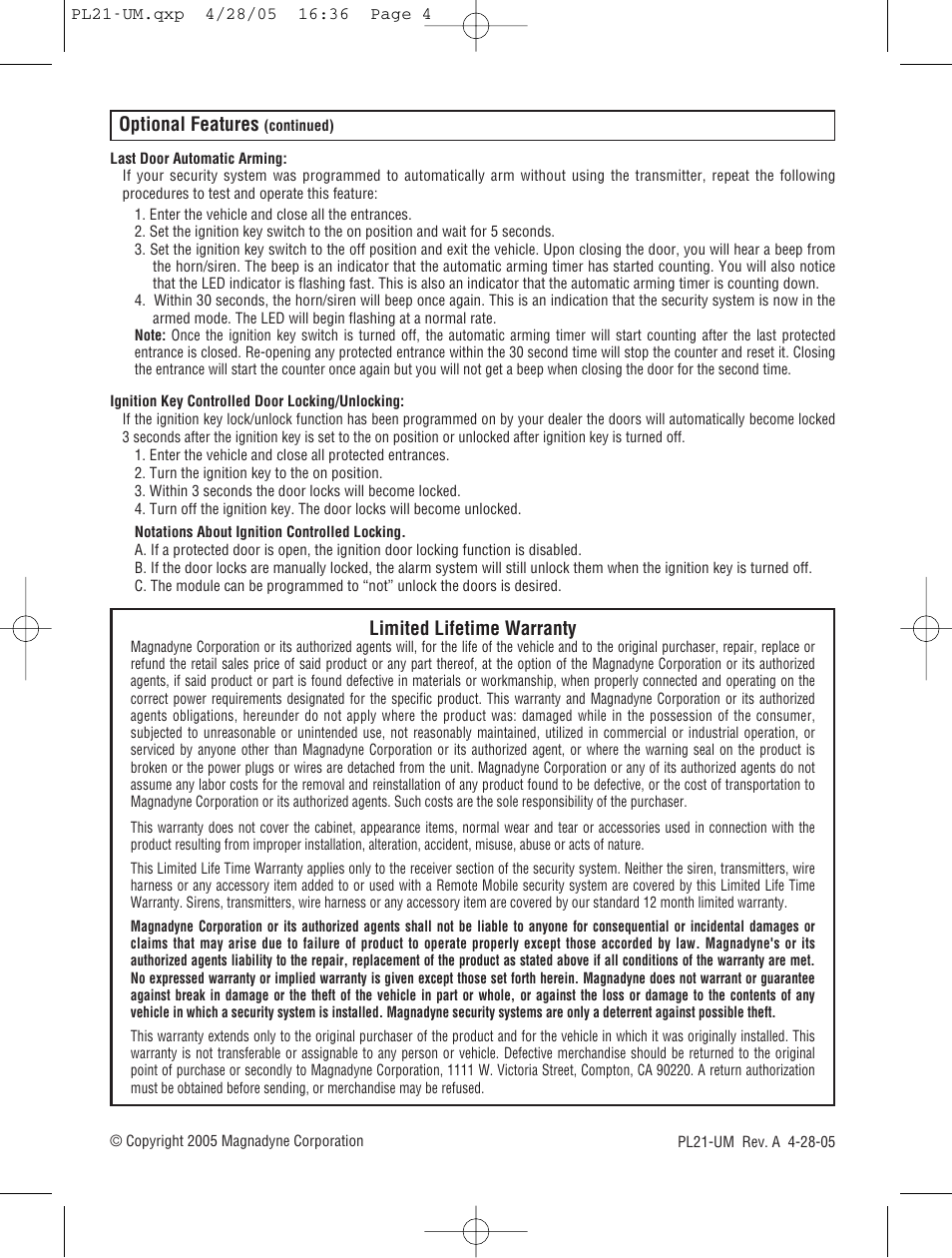Optional features, Limited lifetime warranty | Magnadyne Remote Mobile Security System PL21 User Manual | Page 4 / 4