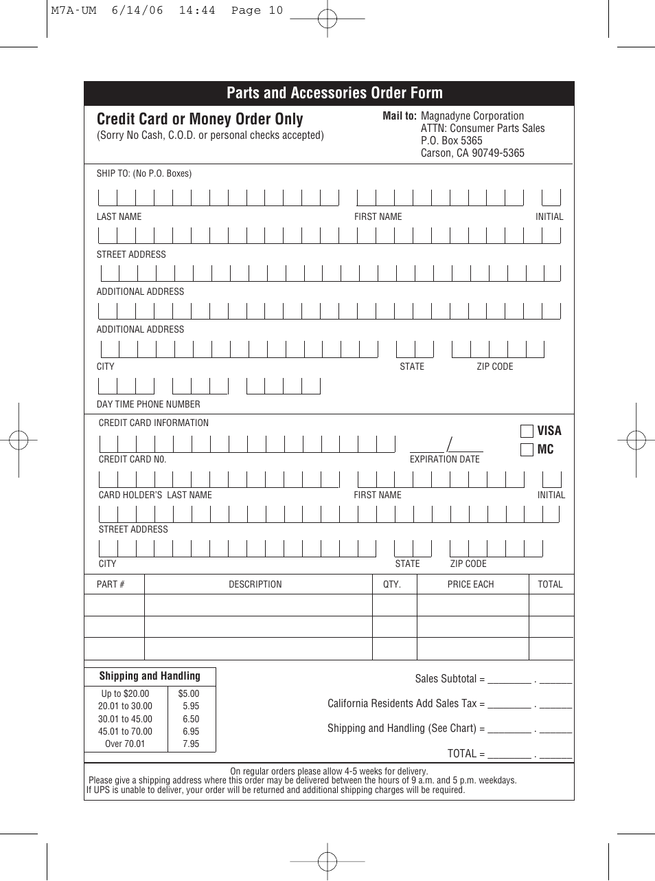 Credit card or money order only, Parts and accessories order form | Magnadyne M7a User Manual | Page 10 / 12
