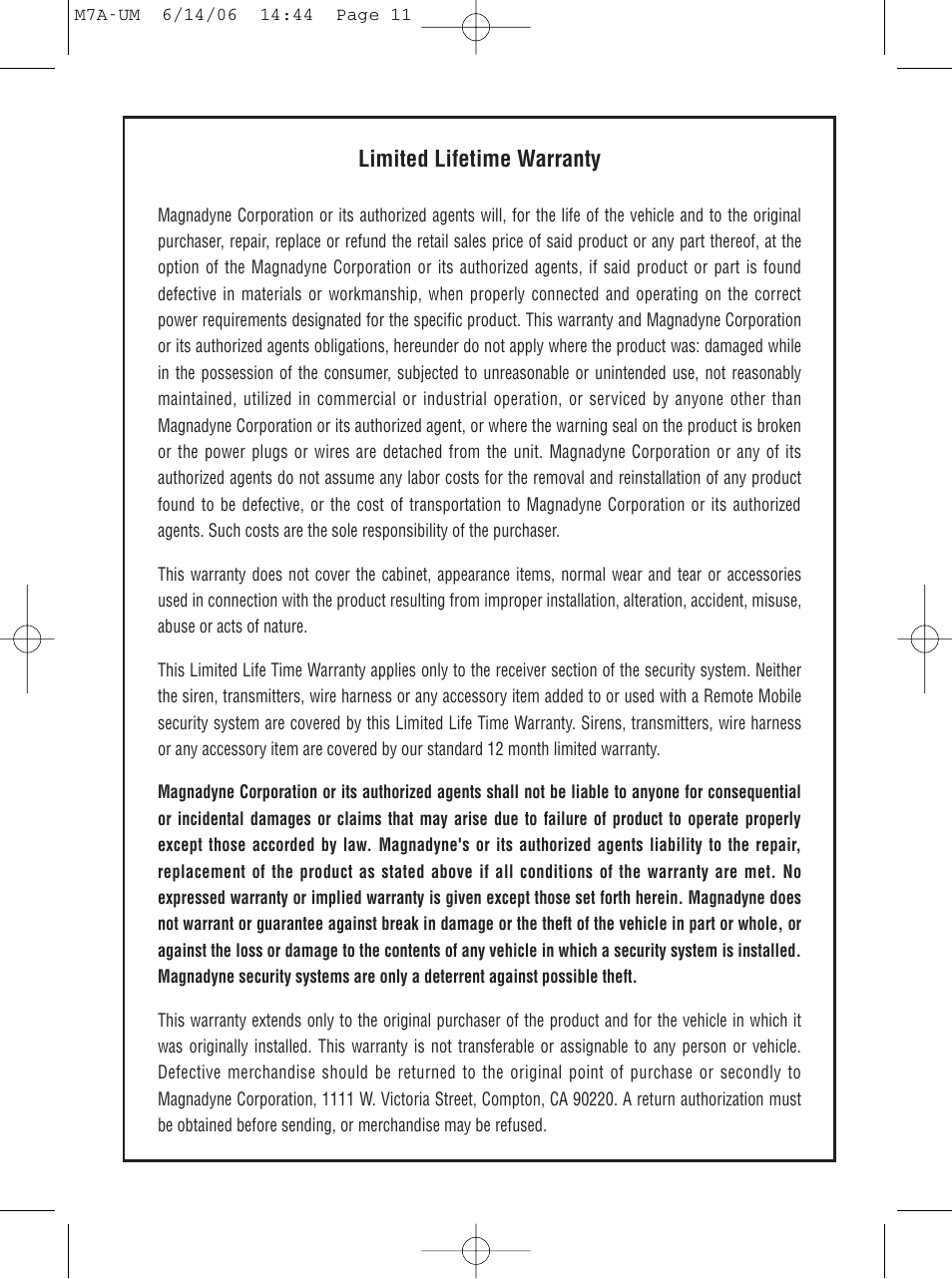 Limited lifetime warranty | Magnadyne M7a User Manual | Page 11 / 12