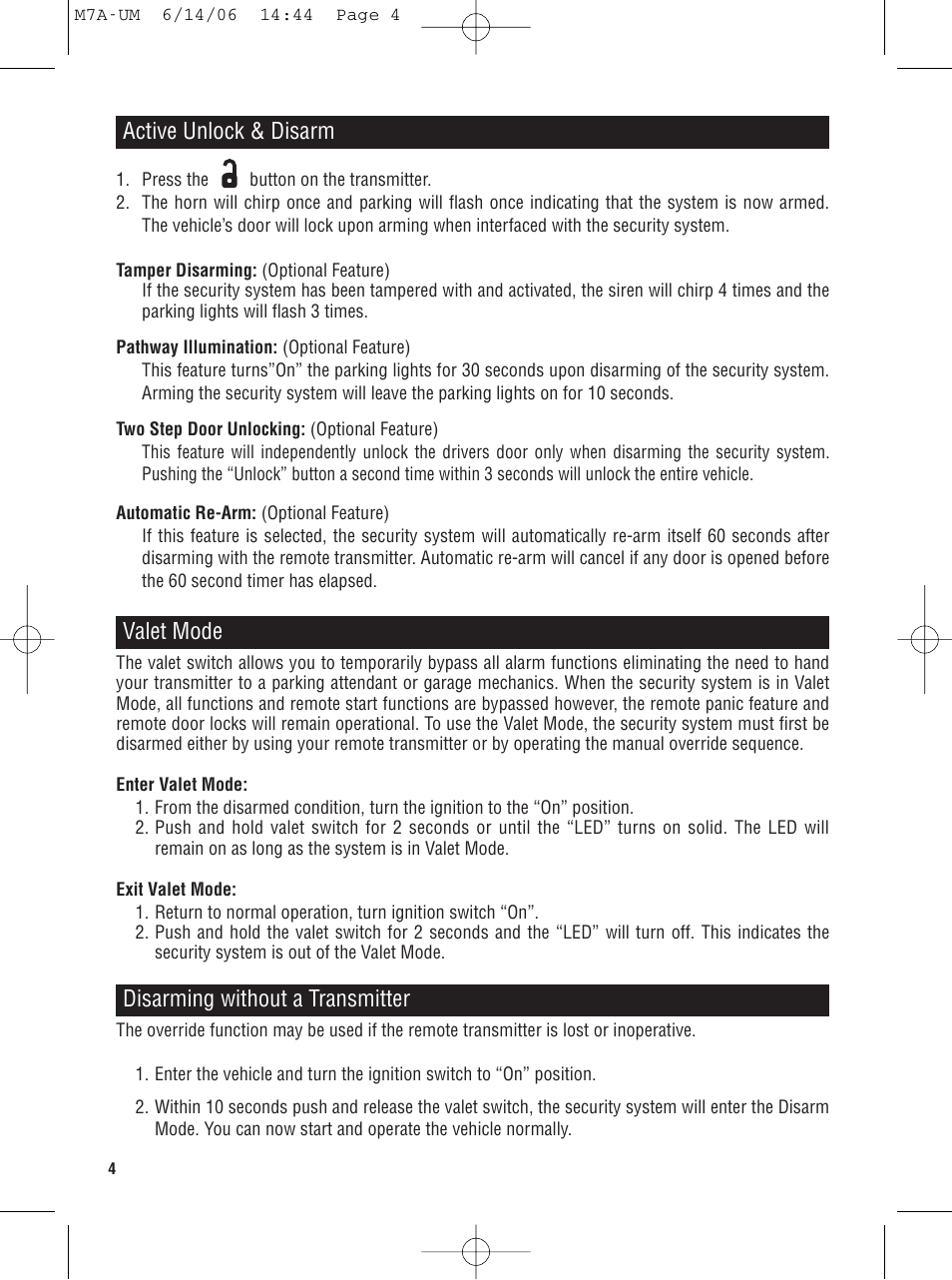 Active unlock & disarm, Disarming without a transmitter, Valet mode | Magnadyne M7a User Manual | Page 4 / 12