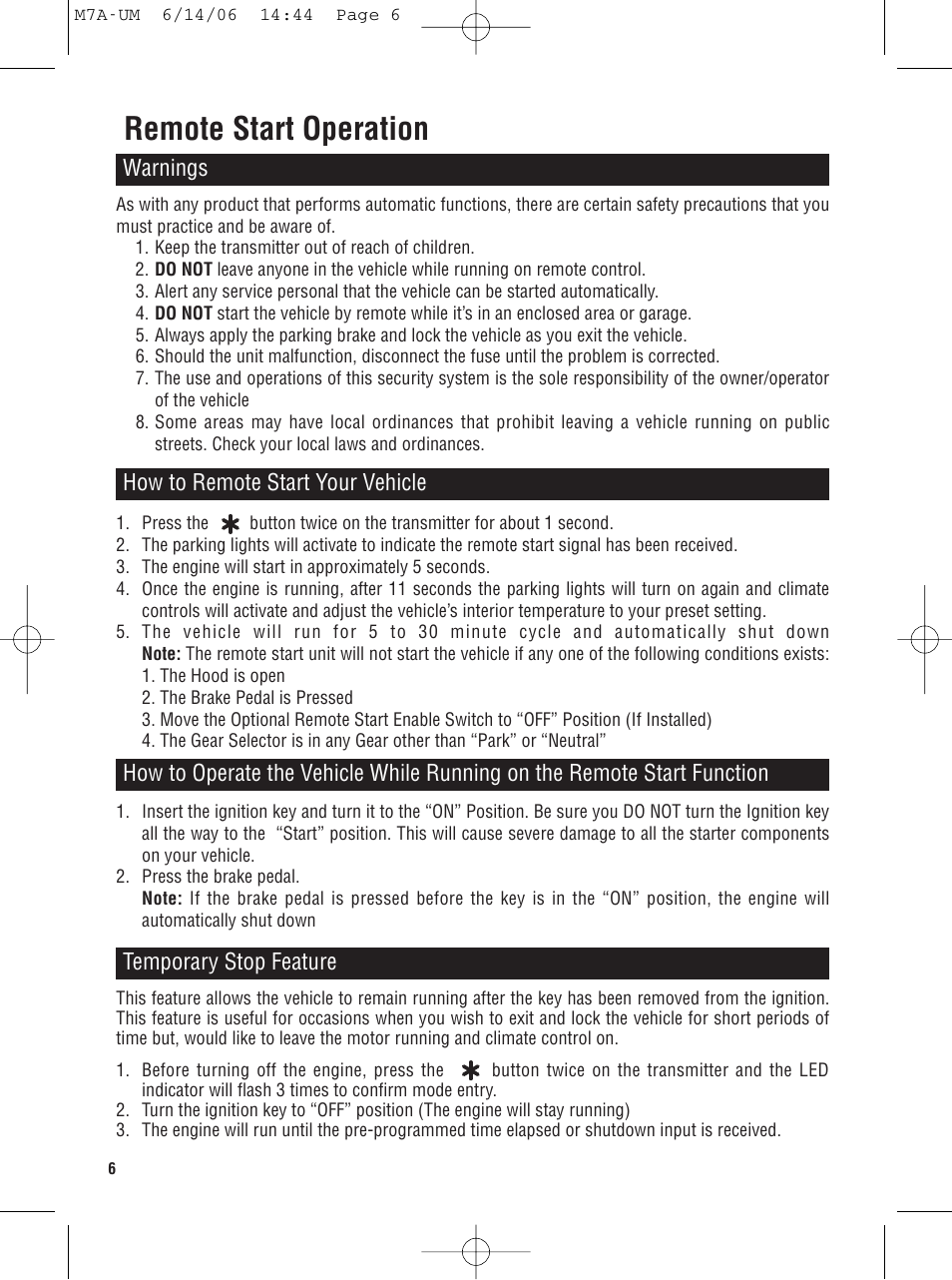 Remote start operation | Magnadyne M7a User Manual | Page 6 / 12