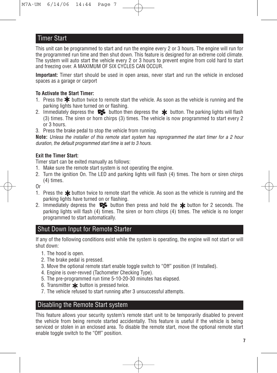 Timer start, Shut down input for remote starter, Disabling the remote start system | Magnadyne M7a User Manual | Page 7 / 12