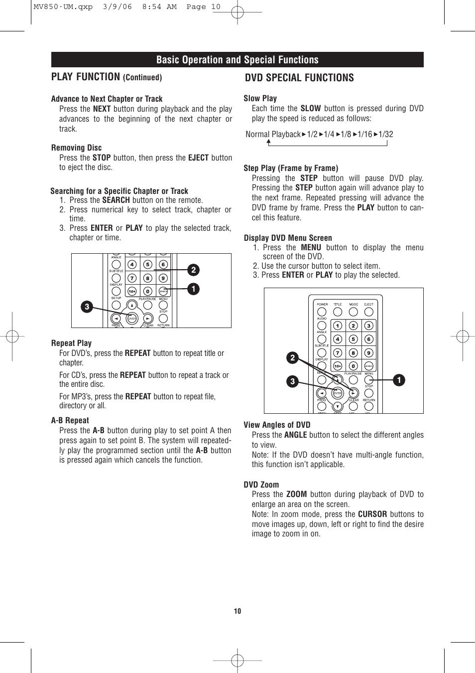 Basic operation and special functions, Play function, Dvd special functions | Magnadyne MV850 User Manual | Page 10 / 20