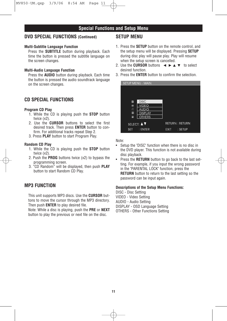 Cd special functions, Setup menu, Mp3 function | Magnadyne MV850 User Manual | Page 11 / 20