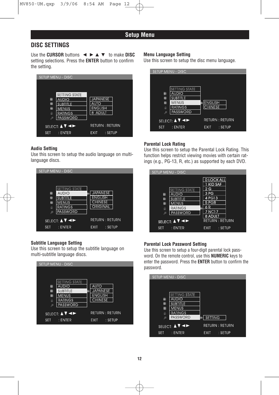 Setup menu disc settings | Magnadyne MV850 User Manual | Page 12 / 20