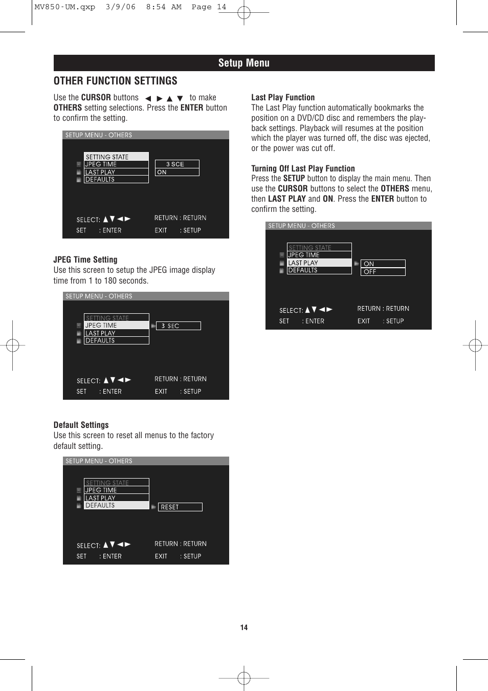 Setup menu, Other function settings | Magnadyne MV850 User Manual | Page 14 / 20