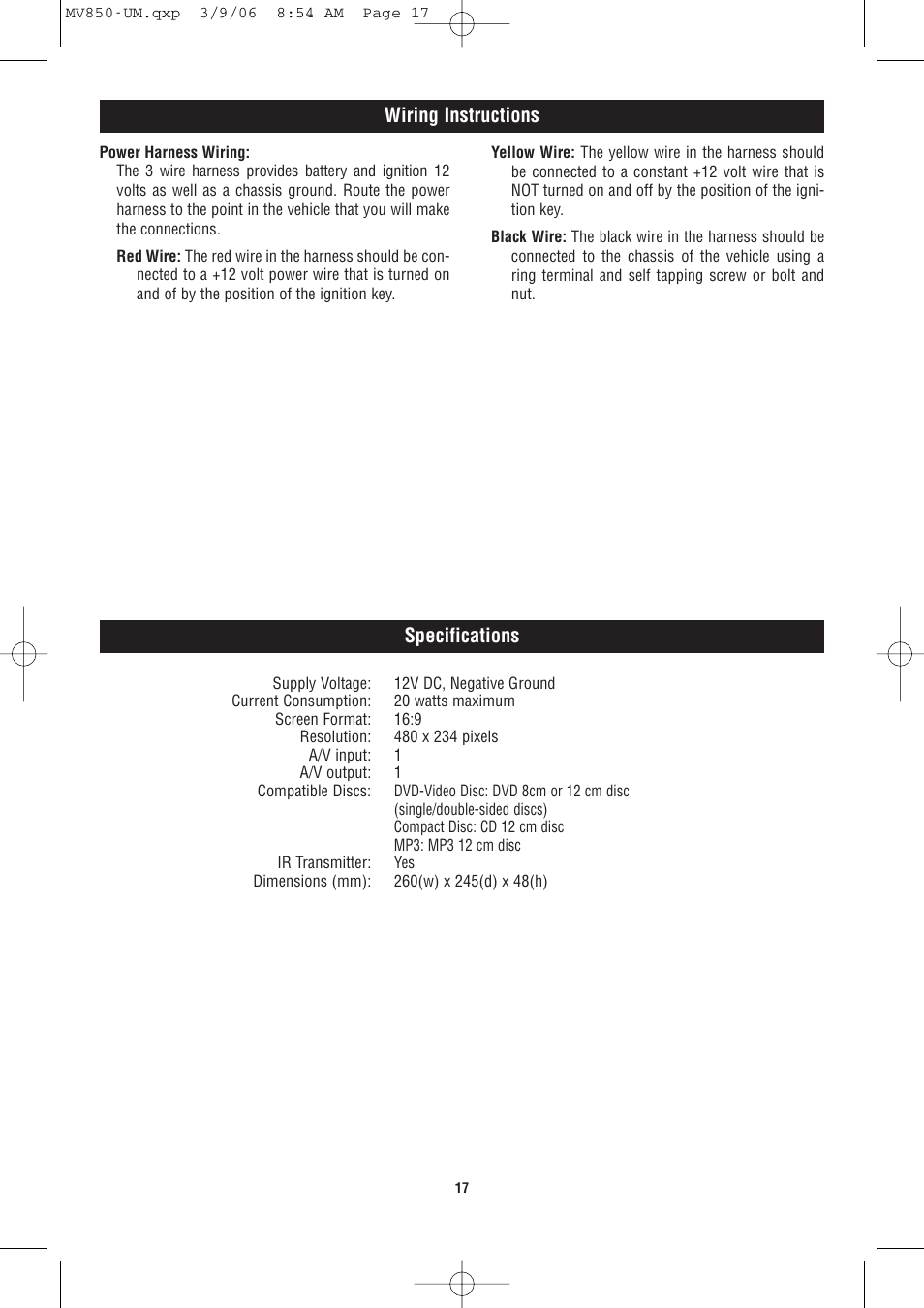 Wiring instructions specifications | Magnadyne MV850 User Manual | Page 17 / 20
