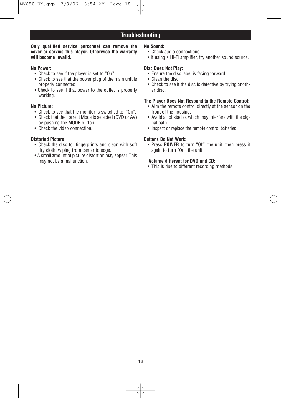 Troubleshooting | Magnadyne MV850 User Manual | Page 18 / 20