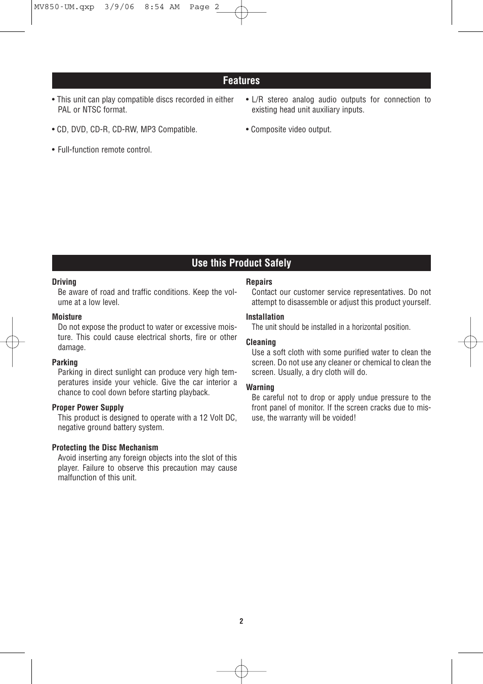 Features, Use this product safely | Magnadyne MV850 User Manual | Page 2 / 20