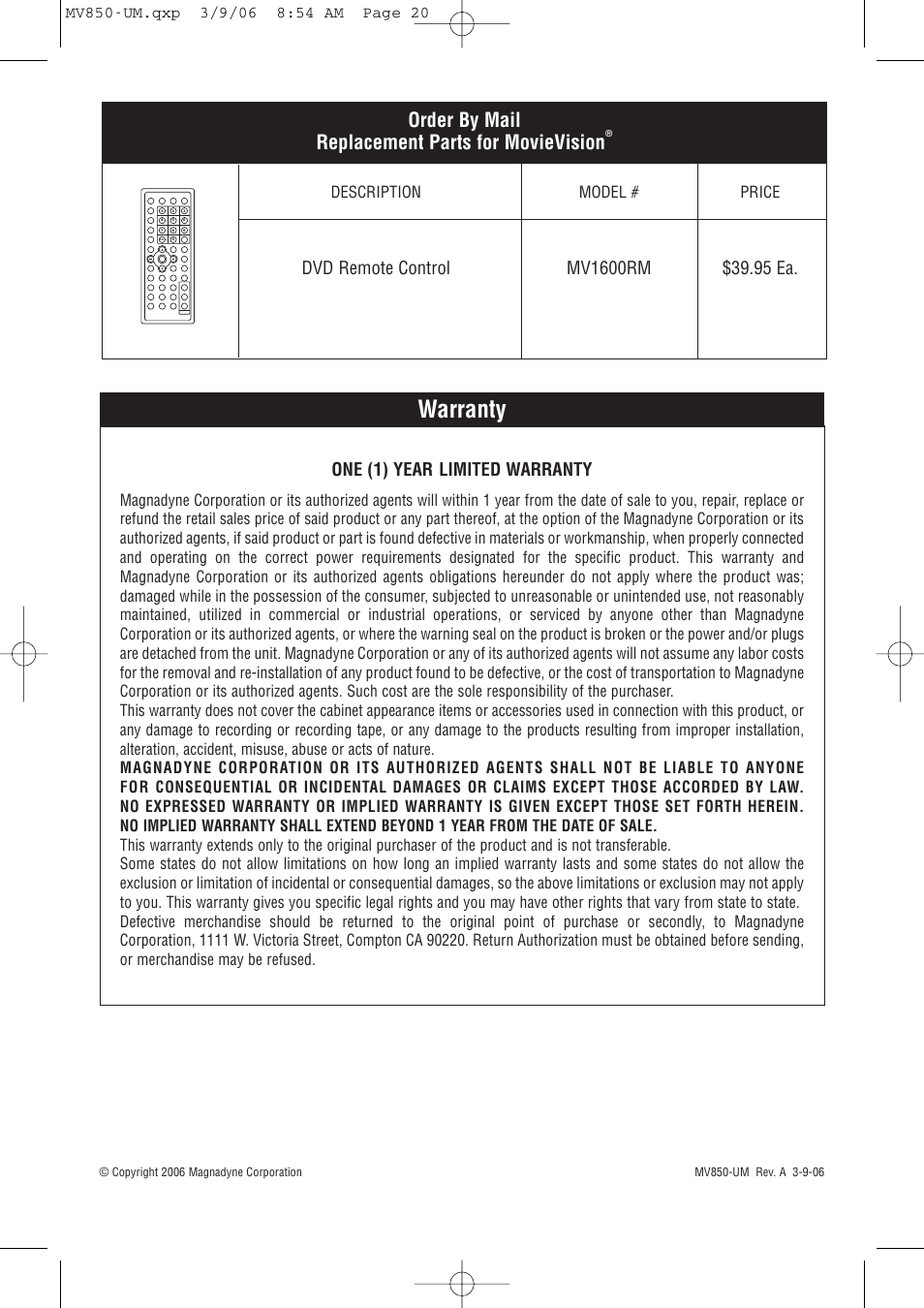 Warranty, Movievision replacement parts, Order by mail replacement parts for movievision | Magnadyne MV850 User Manual | Page 20 / 20