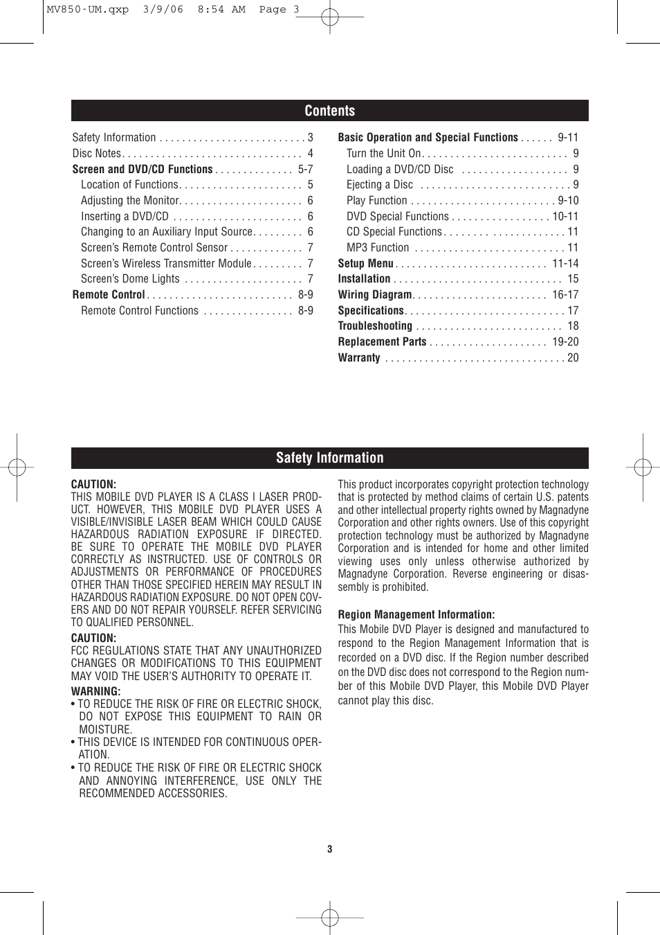 Contents safety information | Magnadyne MV850 User Manual | Page 3 / 20