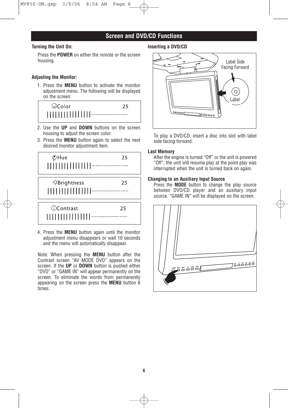 Screen and dvd/cd functions | Magnadyne MV850 User Manual | Page 6 / 20
