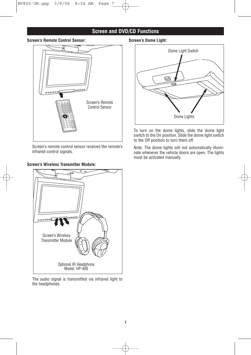 Screen and dvd/cd functions | Magnadyne MV850 User Manual | Page 7 / 20