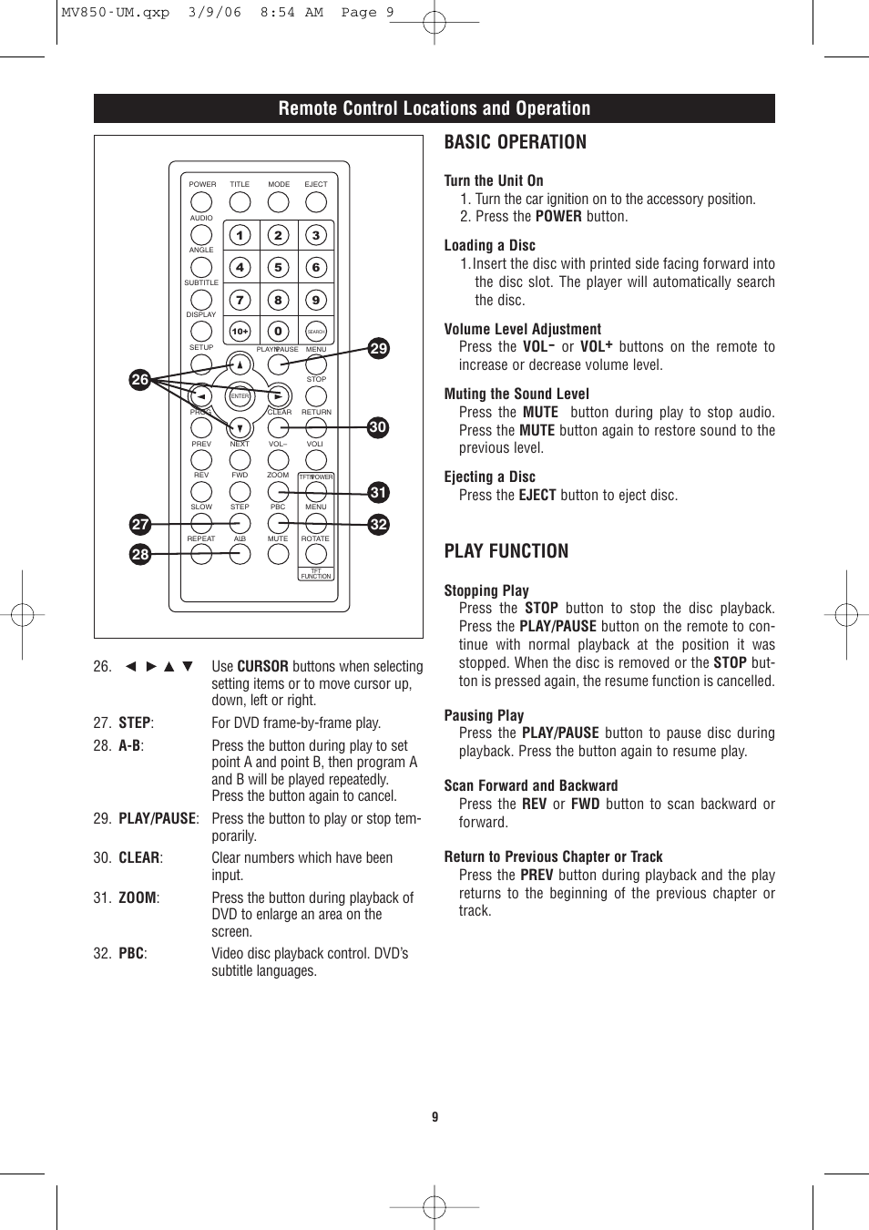 Remote control locations and operation, Basic operation, Play function | Magnadyne MV850 User Manual | Page 9 / 20