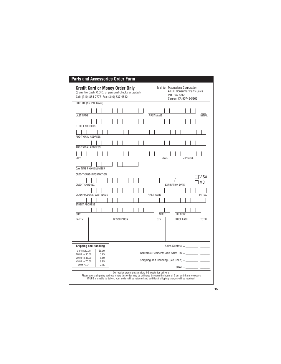 Parts and accessories order form, Credit card or money order only, Visa mc | Magnadyne Extreme Series X4 User Manual | Page 15 / 16