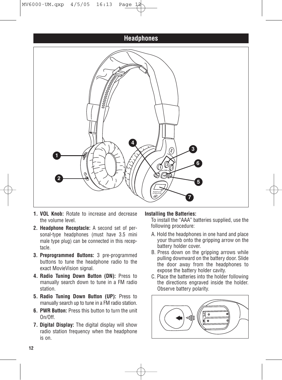 Headphones | Magnadyne MV6000 User Manual | Page 12 / 24
