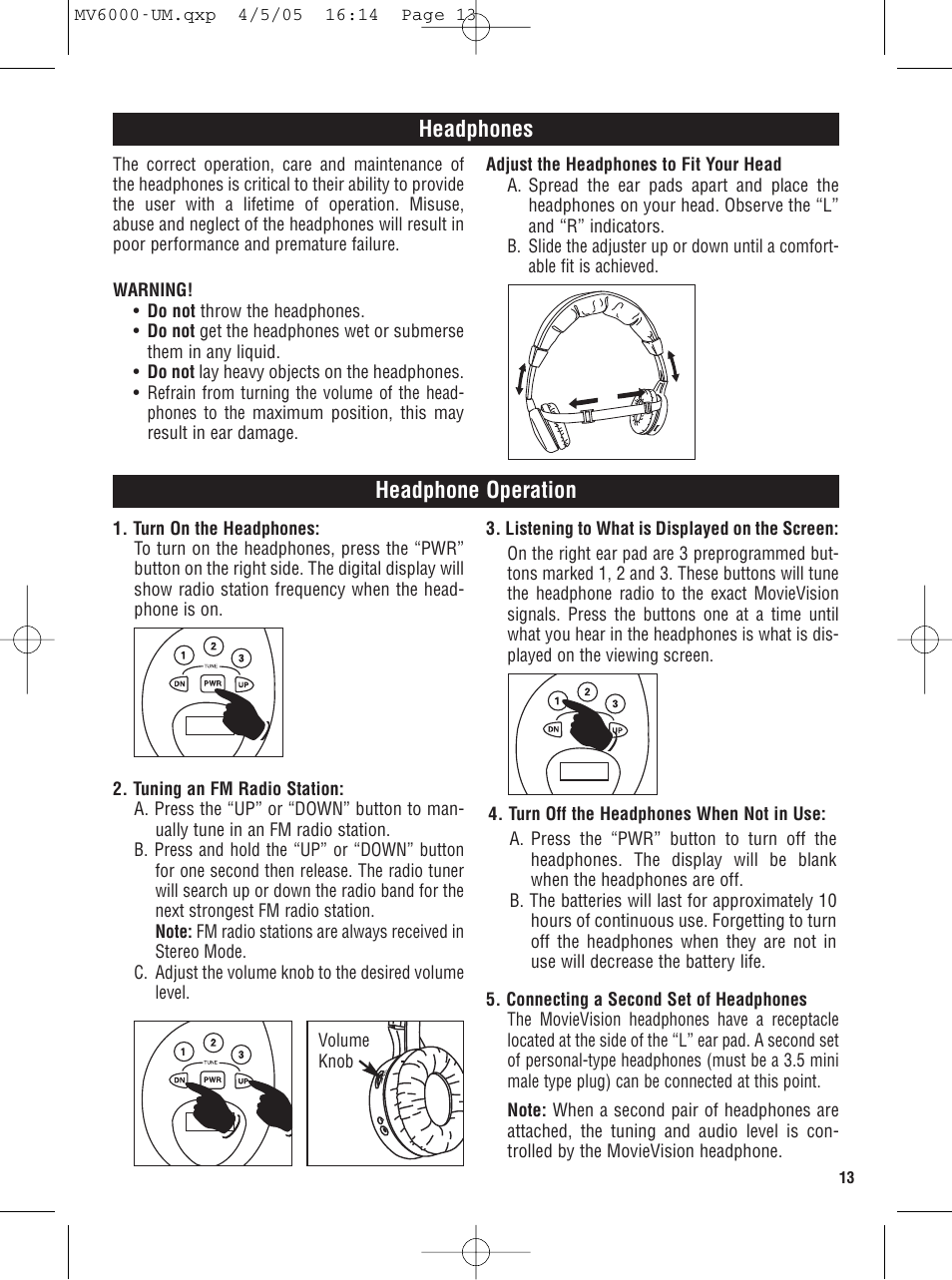 Headphones, Headphone operation | Magnadyne MV6000 User Manual | Page 13 / 24