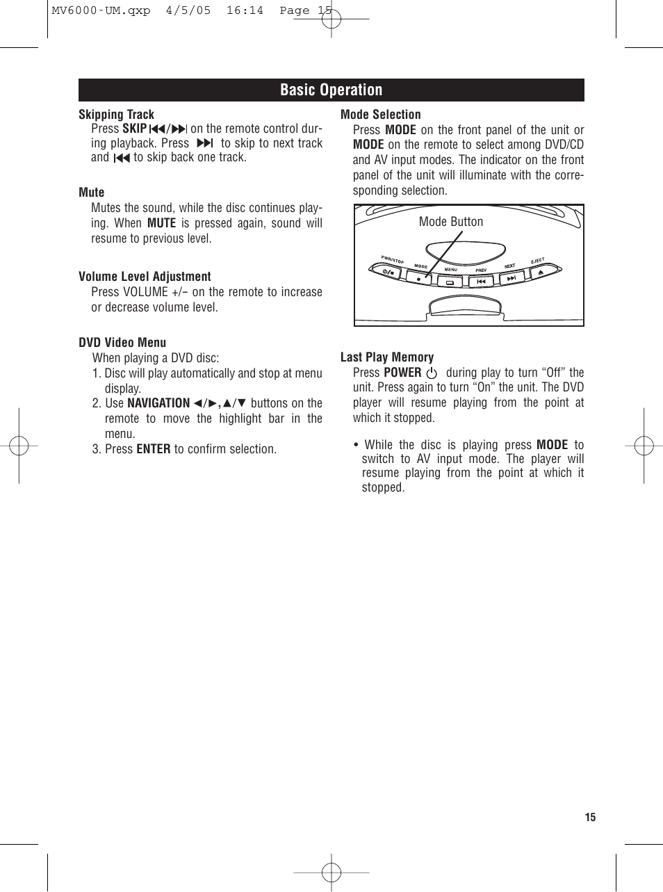 Basic operation | Magnadyne MV6000 User Manual | Page 15 / 24