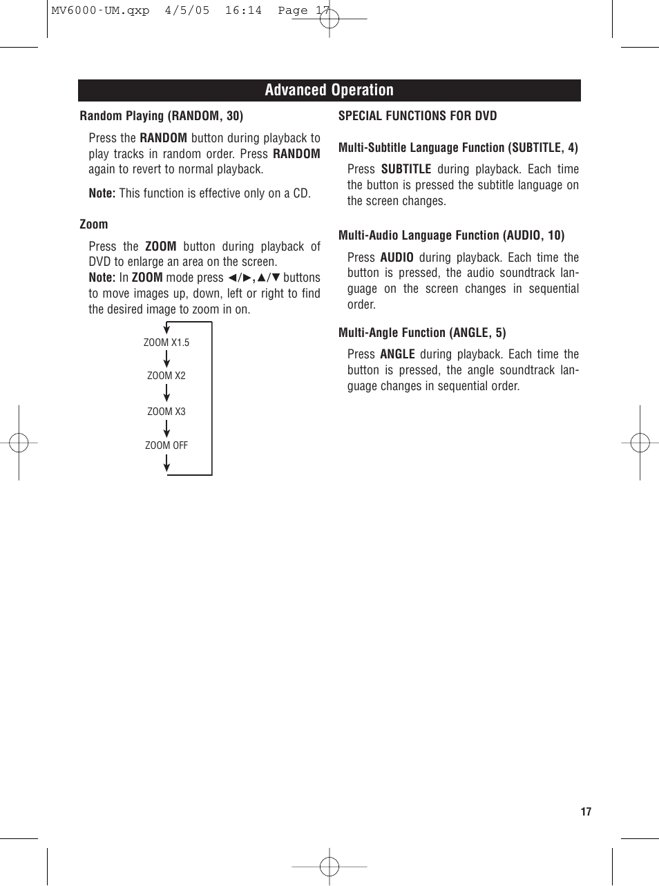 Advanced operation | Magnadyne MV6000 User Manual | Page 17 / 24