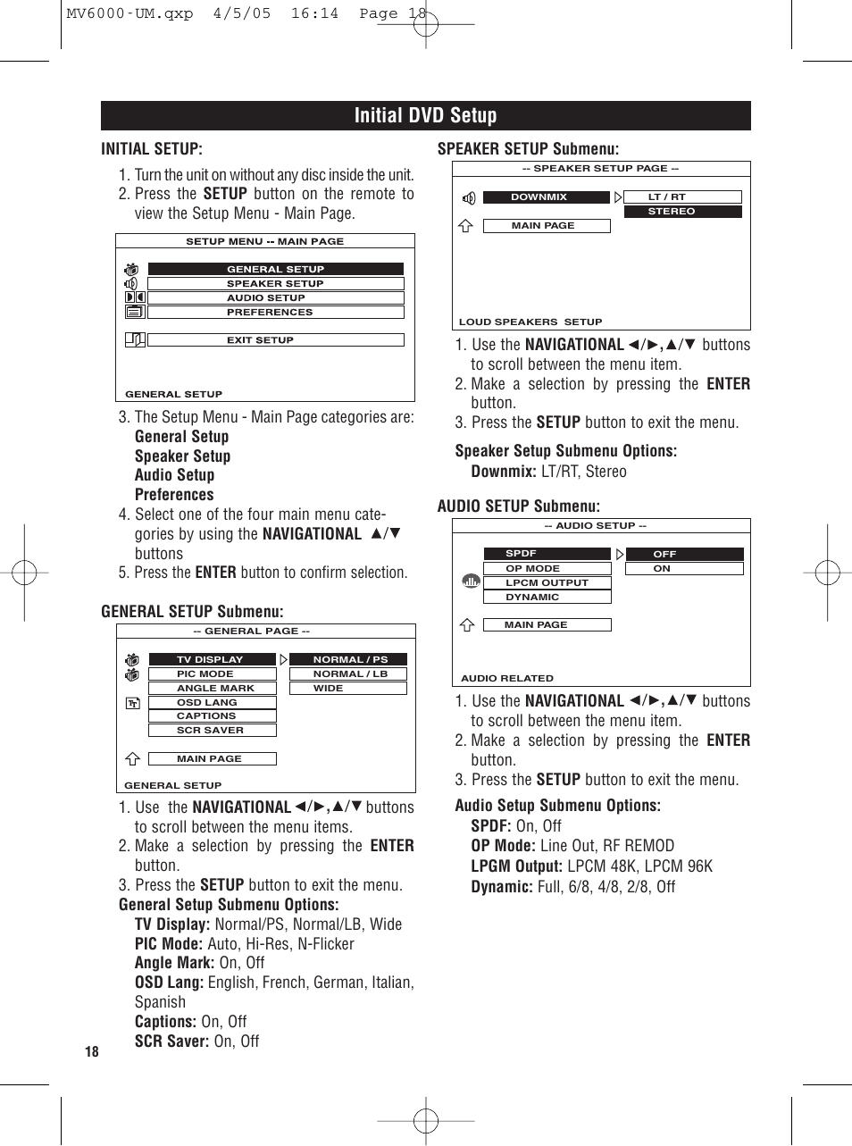 Initial dvd setup | Magnadyne MV6000 User Manual | Page 18 / 24