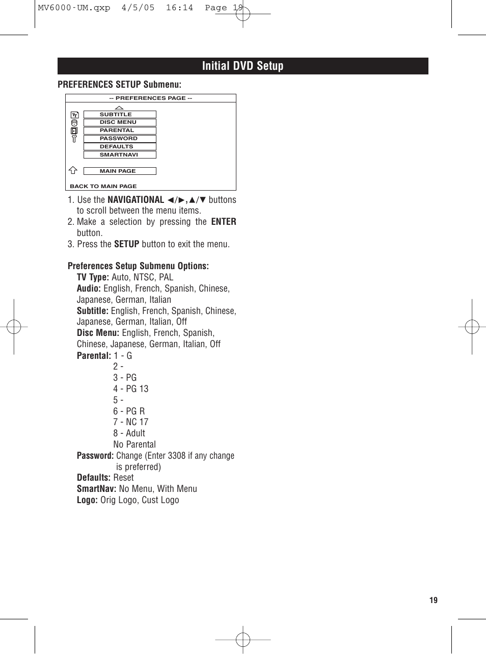 Initial dvd setup | Magnadyne MV6000 User Manual | Page 19 / 24