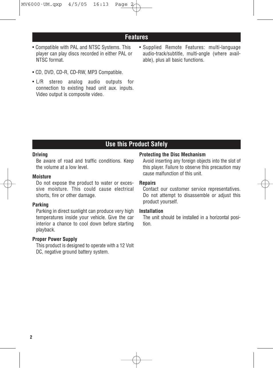 Features, Use this product safely | Magnadyne MV6000 User Manual | Page 2 / 24
