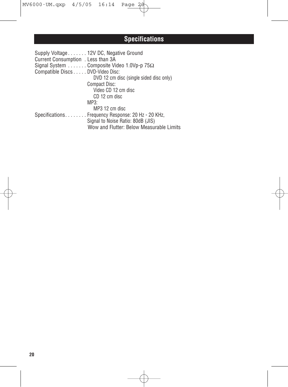 Specifications | Magnadyne MV6000 User Manual | Page 20 / 24