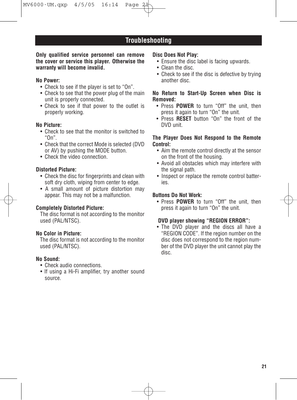 Troubleshooting | Magnadyne MV6000 User Manual | Page 21 / 24